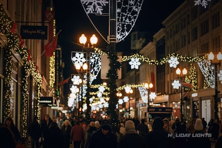 Downtown Decorated With String Lights On Trees And Lamp Posts - Municipal Christmas lights installation in Connecticut